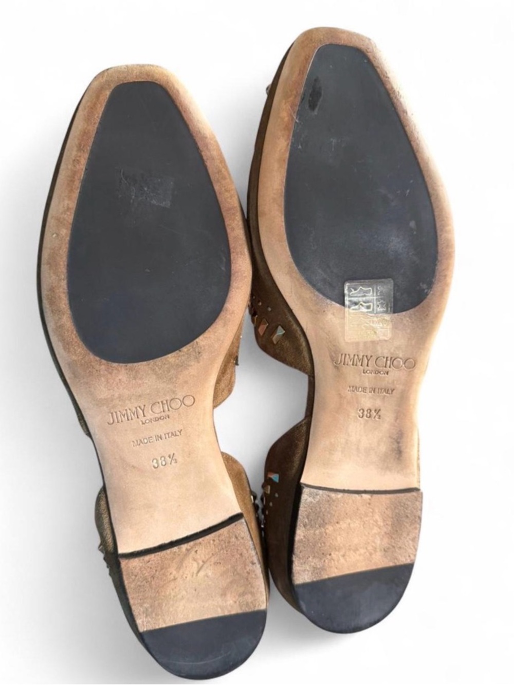 Jimmy Choo Studded Suede Mules Tan Leather Flats Pointed Toe Loafer 8.5 Edgy - Picture 7 of 8
